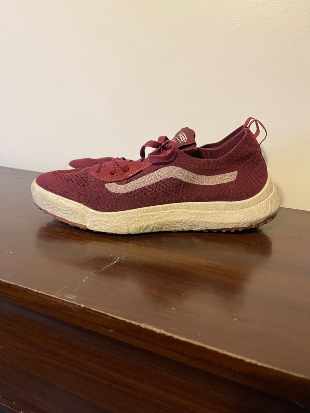 Vans Maroon Knit Runner with Cream Stripe and White Midsole